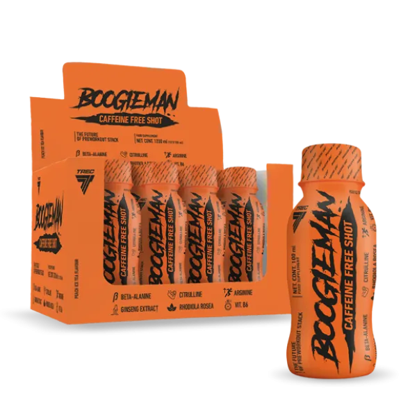 ZESTAW shotów BOOGIEMAN SHOT CAFFEINE FREE o smaku brzoskwiniowej ice tea 12 szt. x 100 ml
